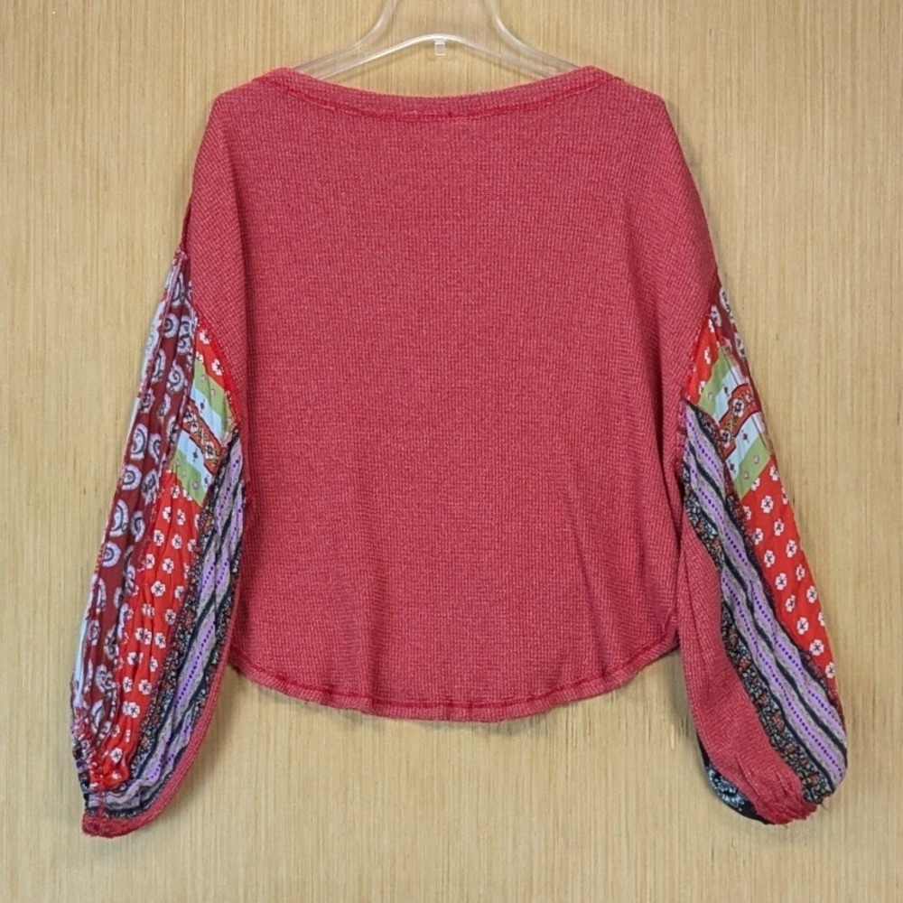 We The Free Top Womens Medium Red Waffle Knit Boho Indie Patchwork Oversized - Picture 4 of 9